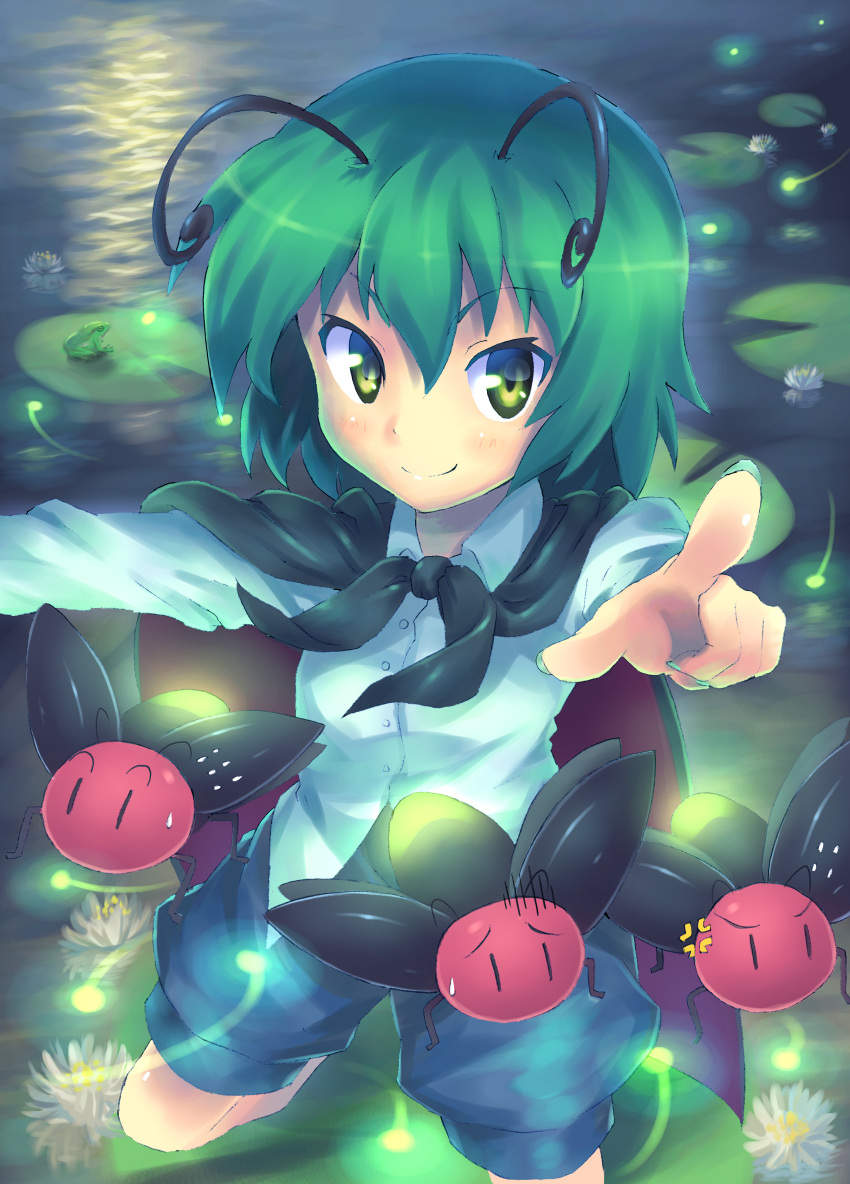 antenna antennae cape fireflies firefly foreshortening frog green_eyes green_hair hands highres insect lily_pad orita_enpitsu pointing short_hair smile touhou water wriggle_nightbug
