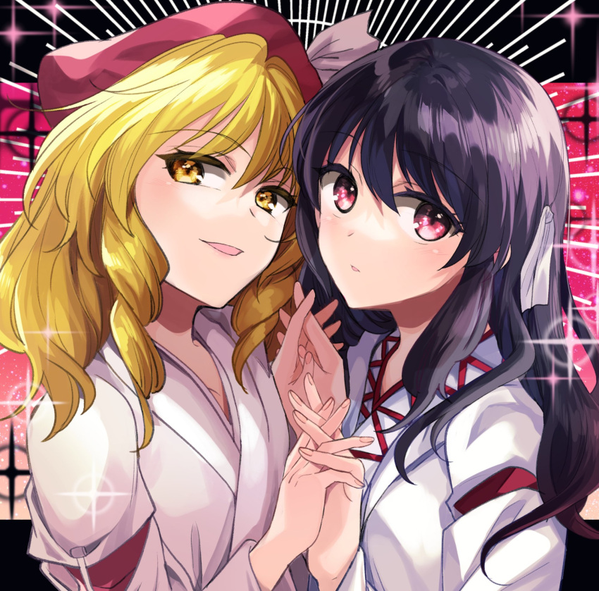 2girls bangs beret black_hair blonde_hair blush character_request collarbone commentary_request detached_sleeves eyebrows_visible_through_hair eyelashes hair_ribbon hat hat_ribbon highres holding_hands hourai_girl_(touhou) interlocked_fingers japanese_clothes katayama_kei kimono long_sleeves looking_at_viewer medium_hair miko multiple_girls open_mouth portrait_of_exotic_girls red_eyes red_headwear ribbon shiny side_ponytail touhou white_kimono white_ribbon wide_sleeves yellow_eyes
