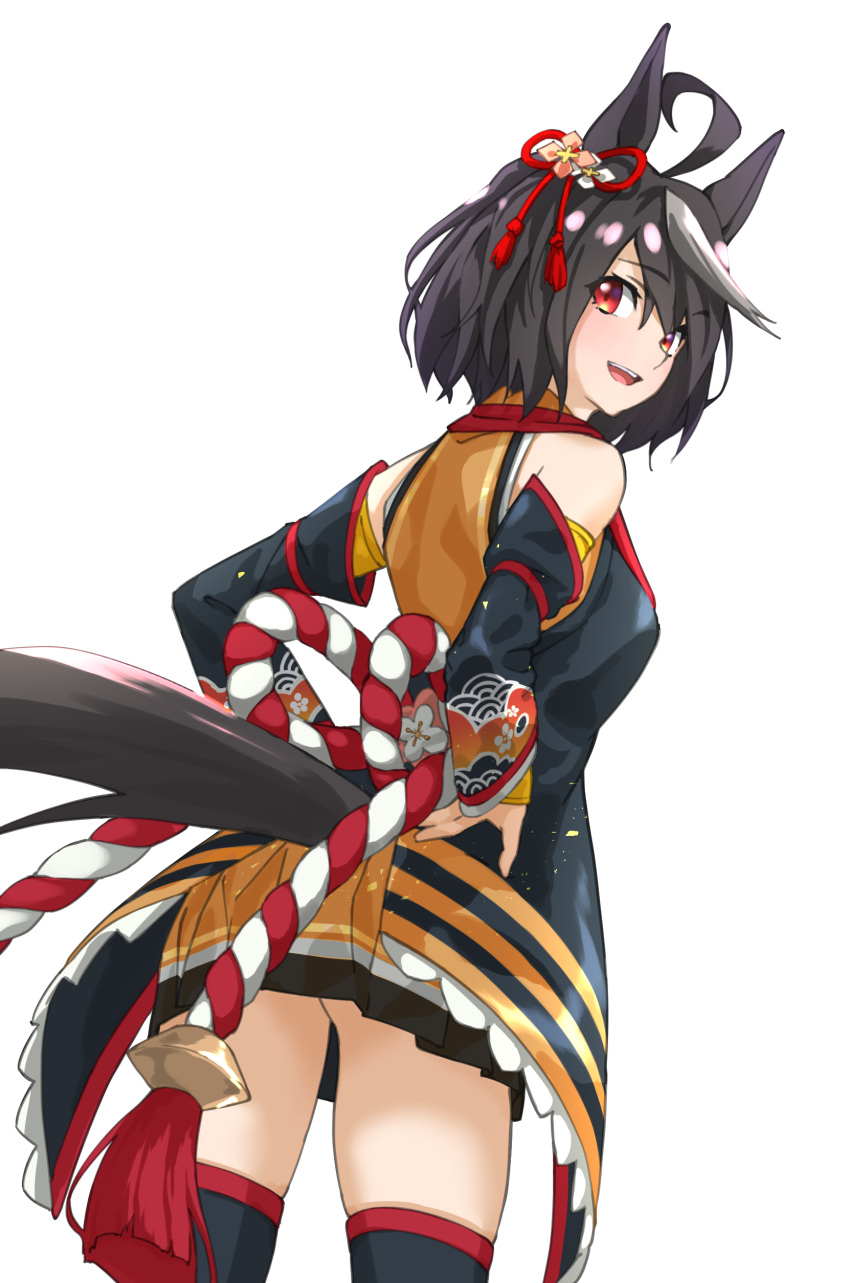 1girl :d absurdres ahoge animal_ears bangs bare_shoulders black_hair commentary detached_sleeves eyebrows_visible_through_hair from_behind grey_hair hair_between_eyes hair_ornament hands_on_hips highres horse_ears horse_girl horse_tail kitasan_black_(umamusume) long_sleeves looking_at_viewer looking_back multicolored_hair open_mouth red_eyes short_hair simple_background smile solo streaked_hair tail tanabe_(fueisei) thigh-highs two-tone_hair umamusume white_background