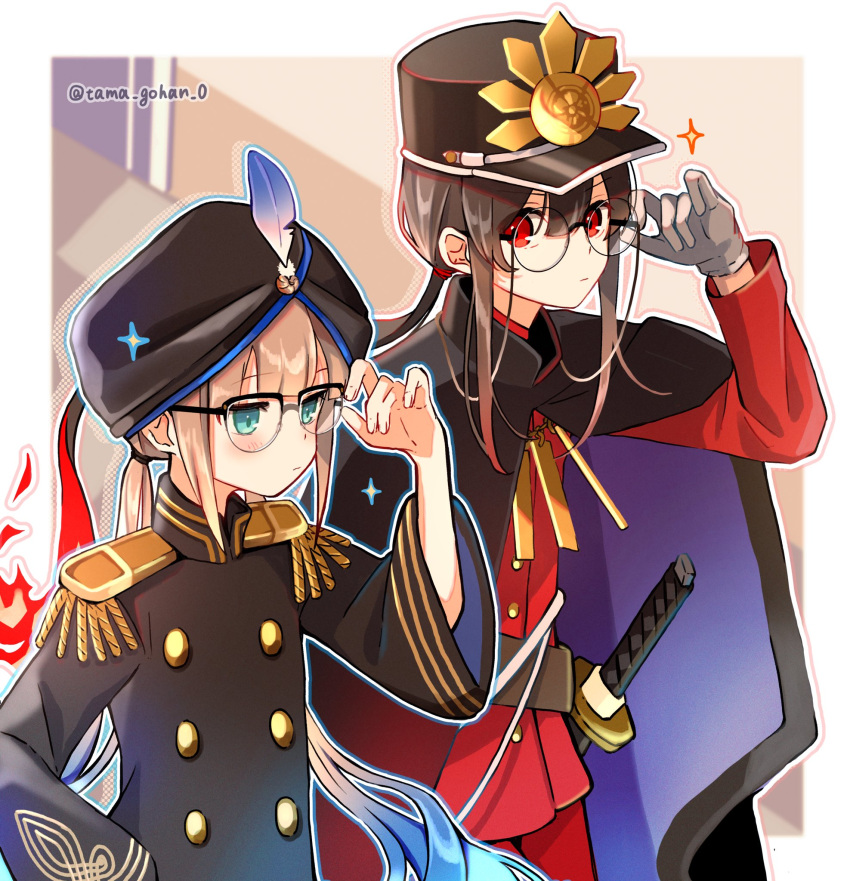 2boys aqua_eyes black_hair blonde_hair cape captain_nemo_(fate) epaulettes fate/grand_order fate_(series) glasses gloves hat hat_feather hi_(wshw5728) highres katana low_ponytail low_twintails male_focus multiple_boys nemo_(fate) oda_nobukatsu_(fate) red_eyes sword turban twintails twitter_username weapon white_gloves