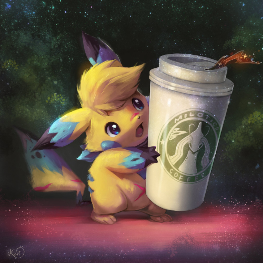 alternate_color alternate_shiny_pokemon artist_name bandana bangs blonde_hair blue_bandana blue_eyes blush_stickers coffee commentary commission cup disposable_cup english_commentary english_text full_body highres holding holding_cup koriarredondo logo_parody milotic night open_mouth outdoors pikachu pokemon pokemon_(creature) short_hair signature standing star_(sky) starbucks tree