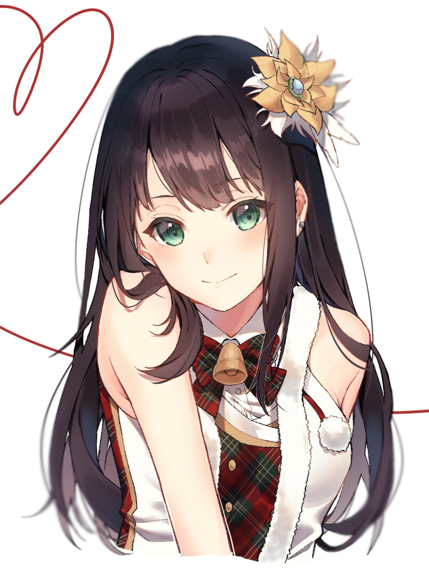 1girl bangs bare_arms bell bow bowtie brown_hair closed_mouth cropped_arms cropped_torso dress_shirt earrings eyebrows_visible_through_hair flower green_eyes hair_flower hair_ornament highres idolmaster idolmaster_cinderella_girls jewelry jingle_bell long_hair looking_at_viewer machi_futo plaid plaid_bow plaid_bowtie shibuya_rin shiny shiny_hair shirt simple_background smile solo straight_hair white_background white_shirt yellow_flower