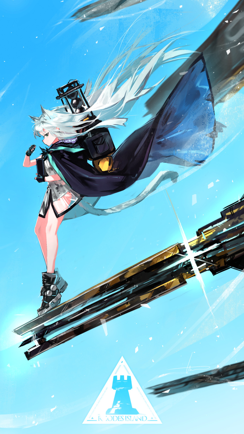 1girl absurdres animal_ears arknights bare_legs black_footwear black_gloves blue_coat blue_eyes blue_hair blue_sky boots cat_ears cat_girl cat_tail closed_mouth coat commentary day english_commentary fingerless_gloves floating_hair full_body gloves hand_up highres libiadan long_hair open_clothes open_coat outdoors profile rhodes_island_logo rosmontis_(arknights) see-through_shirt sky solo tail