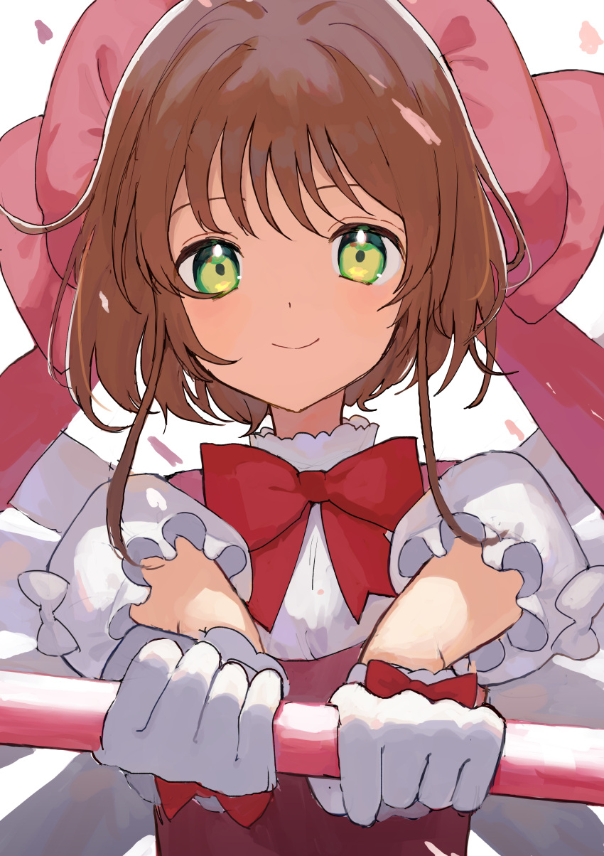 1girl absurdres angel_wings bangs bow bowtie brown_hair cardcaptor_sakura closed_mouth commentary_request dress gloves green_eyes hat hat_bow highres holding holding_staff kinomoto_sakura kozomezuki looking_at_viewer petals pink_headwear portrait puffy_short_sleeves puffy_sleeves red_bow red_bowtie red_dress short_hair_with_long_locks short_sleeves sidelocks simple_background smile solo staff upper_body white_background white_gloves white_wings wings