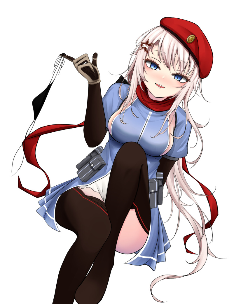 1girl 9a-91_(girls'_frontline) absurdres arm_behind_back bangs beret black_gloves black_legwear blue_dress blue_eyes blush breasts dress elbow_gloves eyebrows_visible_through_hair girls_frontline gloves hair_ornament hat highres holding holding_clothes holding_panties holding_underwear leg_up long_hair long_sleeves looking_at_viewer medium_breasts no_shoes open_mouth paaam panties panties_removed platinum_blonde_hair red_scarf scarf sitting solo star_(symbol) star_hair_ornament teeth thigh-highs underwear upper_teeth white_background you_gonna_get_raped