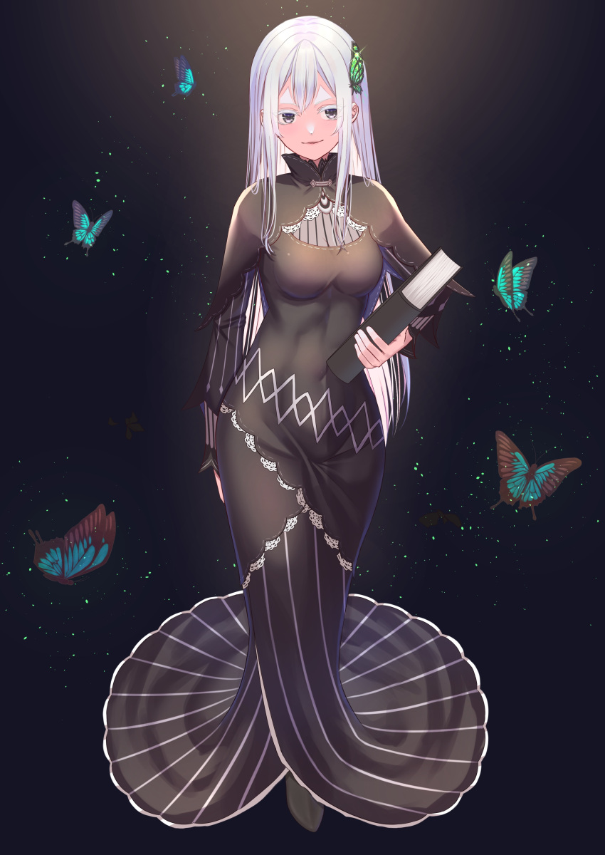 1girl absurdres black_capelet black_dress black_footwear book breasts bug butterfly butterfly_hair_ornament capelet colored_eyelashes covered_navel dress echidna_(re:zero) full_body grey_eyes hair_between_eyes hair_ornament highres kshiwasu_12 long_dress long_hair long_sleeves looking_at_viewer medium_breasts parted_lips re:zero_kara_hajimeru_isekai_seikatsu smile solo standing very_long_hair white_hair