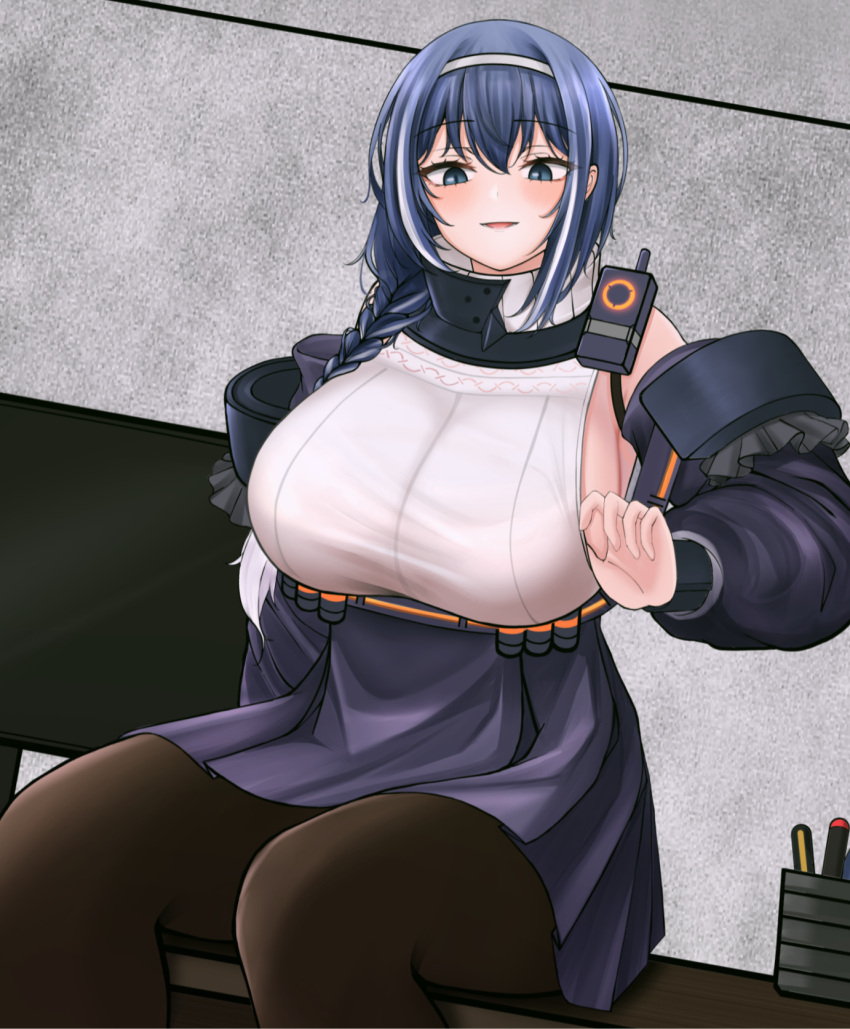 1girl bangs black_legwear blue_eyes blue_hair blush braid breasts dp-12_(girls'_frontline) eyebrows_visible_through_hair feet_out_of_frame girls_frontline hairband highres large_breasts long_hair looking_at_viewer multicolored_hair open_mouth paaam pantyhose purple_skirt simple_background single_braid sitting sitting_on_table skirt solo sweater_vest walkie-talkie white_hairband white_sweater_vest