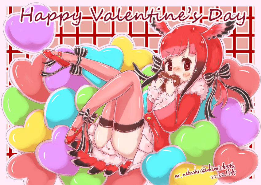 1girl ankle_bow bangs black_hair blunt_bangs blush bow candy chocolate commentary_request dated eyebrows_visible_through_hair food full_body fur_collar gradient_hair hair_bow head_wings heart heart-shaped_chocolate heart-shaped_pupils highres kemono_friends long_sleeves looking_at_viewer multicolored_hair nakashi_masakumi nose_blush panties pink_legwear pleated_skirt red_shirt redhead scarlet_ibis_(kemono_friends) shirt skirt solo striped striped_bow symbol-shaped_pupils tail tail_feathers thigh-highs twitter_username underwear valentine white_panties white_skirt wide_sleeves