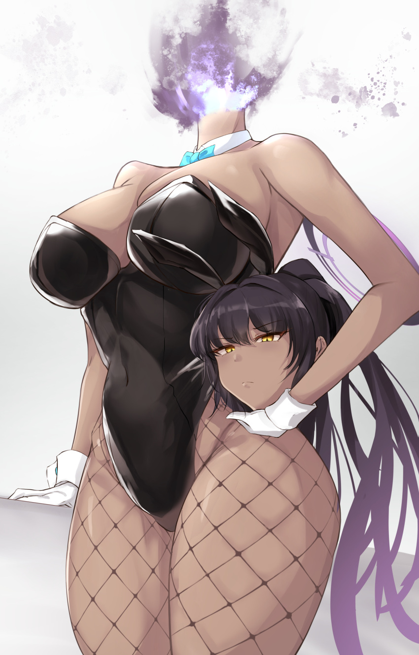 1girl absurdres bangs bare_arms bare_shoulders black_hair black_legwear black_leotard blue_archive blue_bow blue_bowtie bow bowtie breasts closed_mouth commentary_request covered_navel cowboy_shot detached_collar dullahan eyebrows_visible_through_hair fishnet_legwear fishnets gloves highres holding_head karin_(blue_archive) large_breasts leotard long_hair looking_at_viewer playboy_bunny ponytail solo tyamurai33 white_gloves yellow_eyes