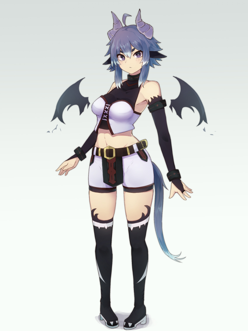 1girl ahoge bangs belt black_footwear black_gloves boots breasts bridal_gauntlets commentary_request demon_girl detached_wings elbow_gloves gloves gradient gradient_background grey_background grey_hair hair_between_eyes highres horns looking_at_viewer medium_breasts midriff original pigeon-toed short_hair shorts simple_background solo standing tail thigh-highs thigh_boots violet_eyes white_shorts wings yonaga_san