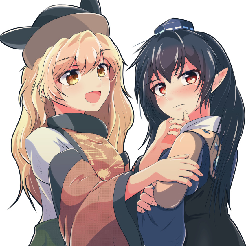 2girls :d bangs black_hair blonde_hair blue_headwear blush closed_mouth detached_sleeves eyebrows_visible_through_hair fingernails hand_on_another's_chin hansode32 hat highres iizunamaru_megumu light_blush light_frown long_hair looking_at_another looking_at_viewer matara_okina multiple_girls open_mouth pointy_ears red_eyes simple_background smile tabard tokin_hat touhou upper_body white_background wide_sleeves yellow_eyes