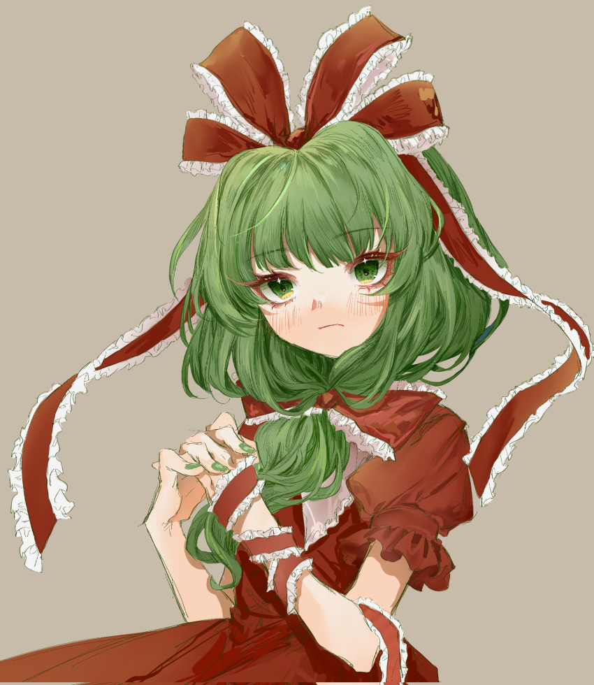 1girl 80isiiii bangs beige_background bow breasts closed_mouth collared_dress commentary_request dress eyebrows_visible_through_hair frilled_ribbon frilled_sleeves frills front_ponytail green_eyes green_hair hair_ribbon highres kagiyama_hina long_dress long_hair looking_at_viewer puffy_short_sleeves puffy_sleeves red_bow red_dress red_ribbon ribbon short_sleeves simple_background small_breasts touhou upper_body