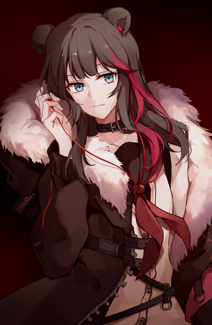 1girl absurdres animal_ears arknights bear_ears black_choker blue_eyes brown_coat brown_hair chinese_commentary choker closed_mouth coat earphones earphones expressionless eyebrows_visible_through_hair fur-trimmed_coat fur_trim gemi_25 gradient gradient_background highres long_hair long_sleeves looking_at_viewer multicolored_hair neckerchief open_clothes open_coat red_background red_neckerchief redhead sailor_collar shirt sidelocks simple_background solo strap streaked_hair two-tone_hair unzipped upper_body white_shirt zima_(arknights)