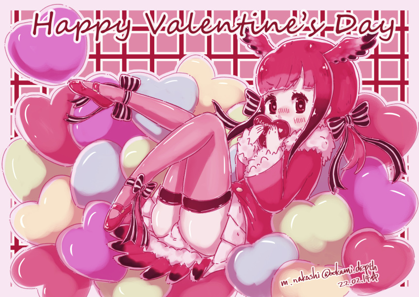 1girl alternate_color ankle_bow bangs black_hair blunt_bangs blush bow candy chocolate commentary_request dated eyebrows_visible_through_hair food full_body fur_collar gradient_hair hair_bow head_wings heart heart-shaped_chocolate heart-shaped_pupils highres kemono_friends long_sleeves looking_at_viewer multicolored_hair nakashi_masakumi nose_blush panties pink_legwear pink_shirt pleated_skirt redhead scarlet_ibis_(kemono_friends) shirt skirt solo striped striped_bow symbol-shaped_pupils tail tail_feathers thigh-highs twitter_username underwear valentine white_panties white_skirt wide_sleeves