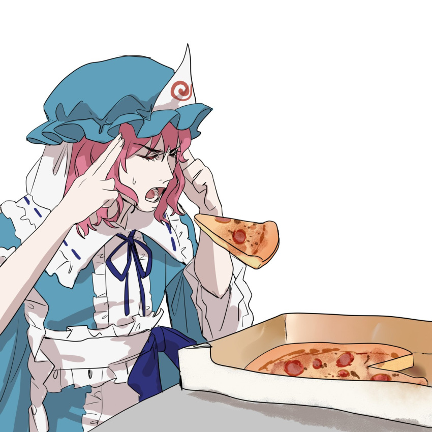 1girl aihara-rina bangs blue_headwear blue_kimono concentrating eyebrows_visible_through_hair fingers_to_head food hands_up hat highres japanese_clothes kimono lower_teeth medium_hair mob_cap open_mouth photo-referenced pink_hair pizza saigyouji_yuyuko simple_background sleeves_past_elbows solo sweat teeth telekinesis touhou triangular_headpiece upper_body white_background wide_sleeves