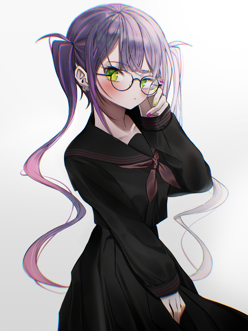 1girl bangs black-framed_eyewear black_sailor_collar black_serafuku black_shirt black_skirt blush brown_neckerchief closed_mouth commentary_request eyebrows_visible_through_hair glasses gradient gradient_background green_eyes green_nails grey_background hand_up highres hiroikara_(smhong04) hololive long_hair long_sleeves looking_at_viewer multicolored_hair multicolored_nails nail_polish neckerchief pleated_skirt puffy_long_sleeves puffy_sleeves purple_hair purple_nails round_eyewear sailor_collar school_uniform serafuku shirt skirt sleeves_past_wrists solo streaked_hair tokoyami_towa twintails very_long_hair virtual_youtuber white_background