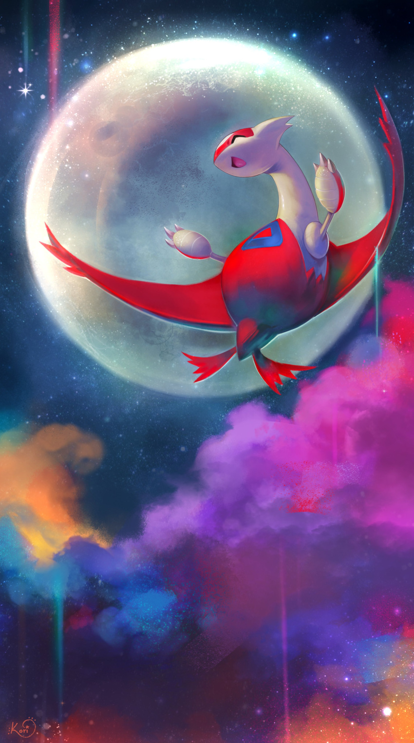 ^_^ absurdres animal_focus arms_up artist_name claws closed_eyes clouds commentary dragon english_commentary flying full_body full_moon happy highres koriarredondo latias midair moon no_humans open_mouth pokemon pokemon_(creature) signature sky smile solo star_(sky) starry_sky