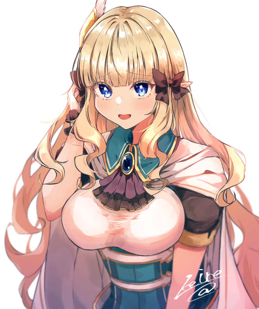 1girl absurdres ascot bangs black_bow blonde_hair blue_dress blue_eyes blush bow breasts brooch cape dress elf gloves hair_bow highres jewelry keinesandayoooo large_breasts long_hair looking_at_viewer open_mouth pointy_ears princess_connect! saren_(princess_connect!) sidelocks smile solo underbust white_cape white_gloves