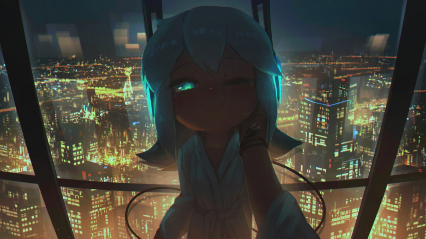 1girl ;) absurdres artist_name bathrobe blue_eyes blush city_lights cityscape commentary dated digitan_(porforever) electric_plug english_commentary flipped_hair hand_on_another's_cheek hand_on_another's_face headphones highres indoors long_hair long_sleeves looking_at_viewer making-of_available night one_eye_closed original porforever pov smile solo_focus star-shaped_pupils star_(symbol) symbol-shaped_pupils tail tail_wrap white_robe window