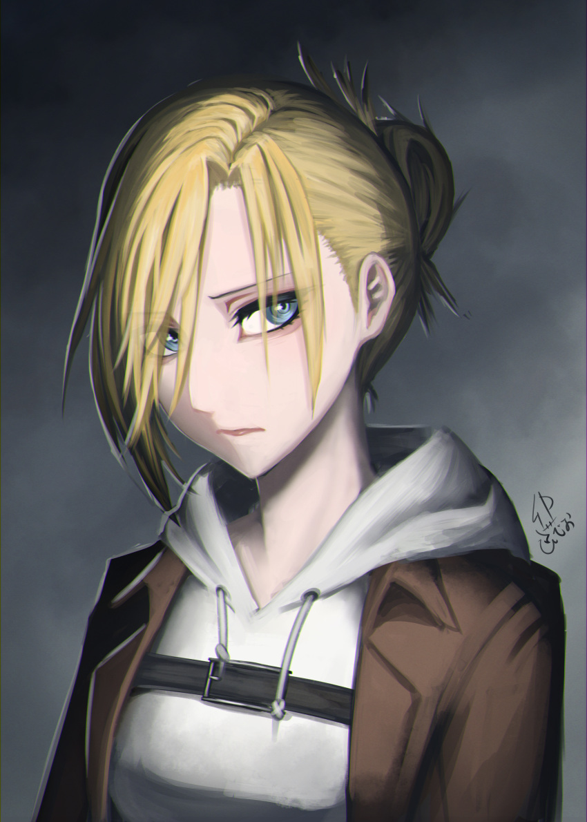 1girl absurdres annie_leonhardt bangs blonde_hair blue_eyes brown_jacket closed_mouth eyebrows_visible_through_hair eyes_visible_through_hair hair_between_eyes highres hood hood_down hooded_sweater ikasamahideo jacket looking_at_viewer open_clothes open_jacket paradis_military_uniform portrait shingeki_no_kyojin short_hair solo sweater tied_hair upper_body white_sweater