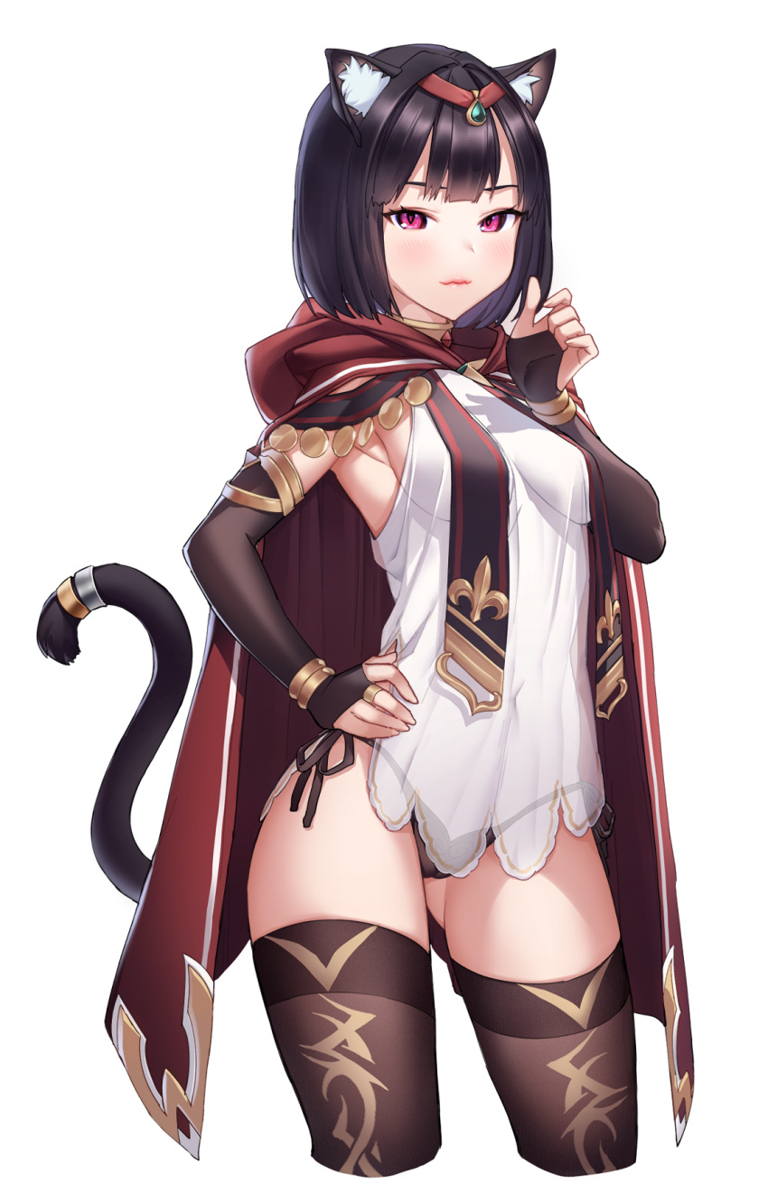 1girl animal_ear_fluff animal_ears bangs black_hair black_legwear black_panties black_sleeves breasts bridal_gauntlets cape cat_ears cat_girl cat_tail closed_mouth cropped_legs detached_sleeves game_cg hair_intakes hand_on_hip highres hood hood_down hooded long_sleeves looking_at_viewer medium_breasts panties print_legwear red_cape red_eyes shiny shiny_hair shirt short_hair side-tie_panties sideboob sleeveless sleeveless_shirt slit_pupils solo standing tachi-e tail thigh-highs transparent_background underwear white_shirt wish_(momentum_games)