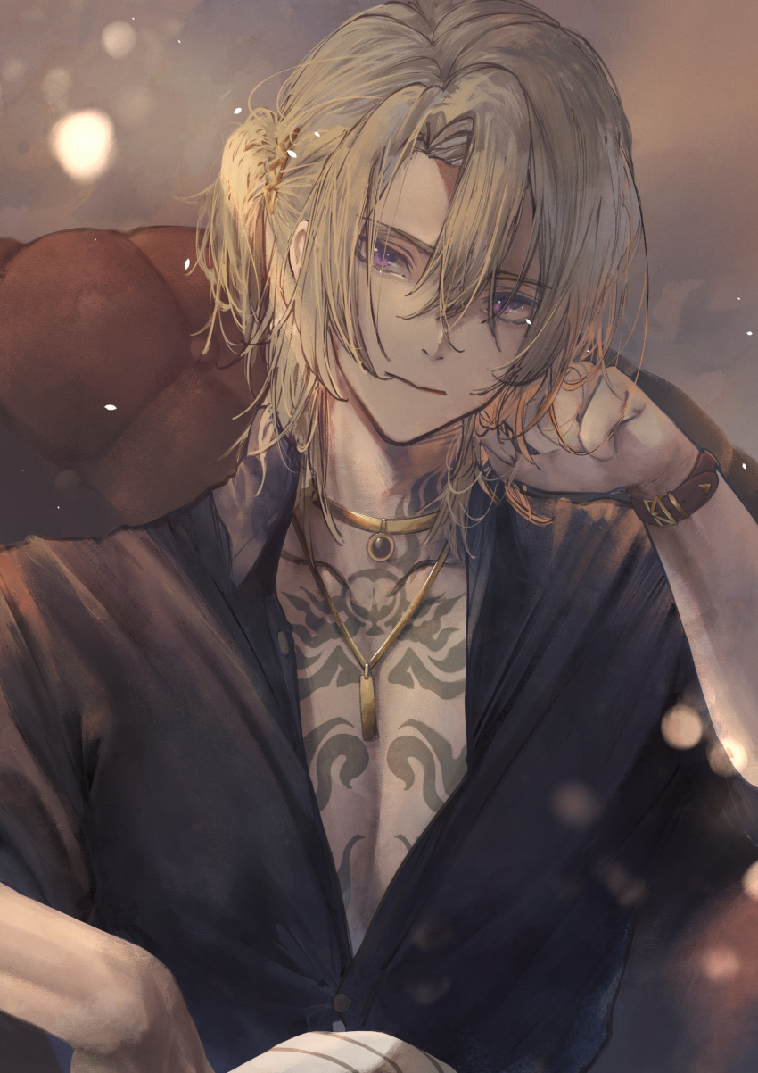 1boy bangs betabeet black_shirt blonde_hair blurry bokeh chest_tattoo clenched_hand commentary depth_of_field english_commentary grey_background hand_on_own_cheek hand_on_own_face head_tilt highres jewelry looking_at_viewer luca_kaneshiro male_focus multiple_necklaces necklace nijisanji nijisanji_en one_side_up open_clothes open_shirt shirt short_hair short_sleeves simple_background sitting solo tattoo violet_eyes virtual_youtuber watch watch