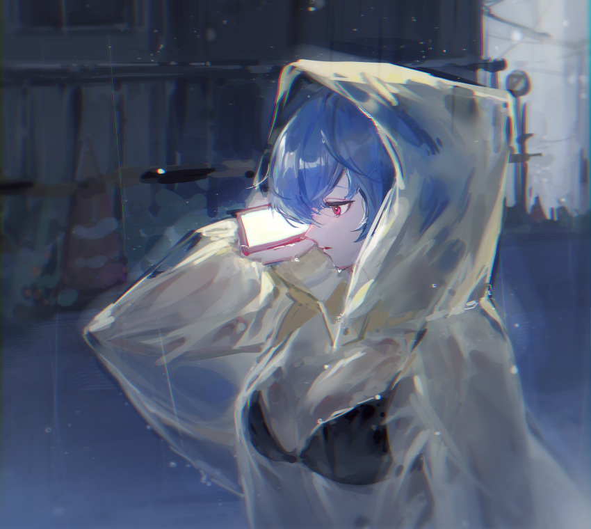 1girl absurdres ayanami_rei black_bra blue_hair bra breasts cellphone closed_mouth commentary highres holding holding_phone hood hood_up hooded_coat long_sleeves medium_breasts neon_genesis_evangelion no_shirt outdoors phone profile rain red_eyes sandwich_(3meiji) see-through_coat short_hair smartphone solo traffic_cone underwear upper_body