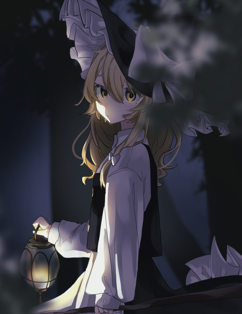 1girl apron artist_request black_dress blonde_hair bow broom buttons closed_mouth commentary_request dress expressionless hat hat_bow highres holding holding_broom holding_lantern juliet_sleeves kirisame_marisa lantern long_sleeves looking_to_the_side medium_hair puffy_sleeves solo standing touhou waist_apron white_bow witch_hat yellow_eyes
