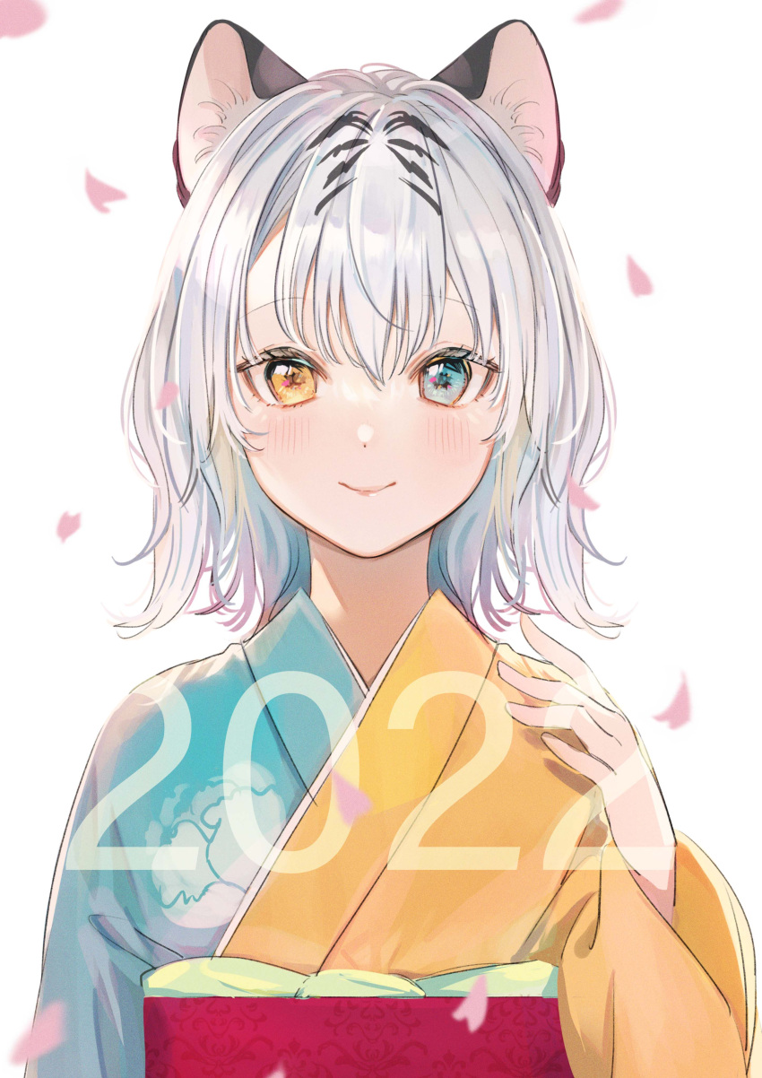 1girl 2022 absurdres animal_ears blue_eyes blue_kimono blush chinese_zodiac closed_mouth commentary falling_petals hand_up heterochromia highres ikoan japanese_clothes kimono long_sleeves looking_at_viewer medium_hair multicolored_hair obi original petals sash simple_background smile solo streaked_hair tiger_ears two-tone_kimono upper_body white_background white_hair year_of_the_tiger yellow_eyes yellow_kimono