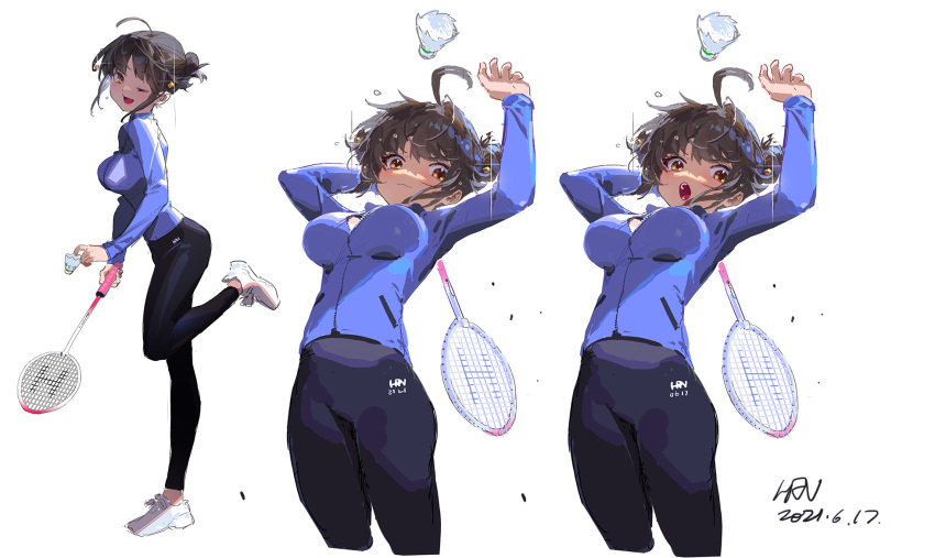 1girl ahoge arms_up artist_name badminton badminton_racket black_pants blue_eyes breasts brown_eyes brown_hair chinese_commentary closed_mouth commentary_request dated full_body hair_bun han-0v0 highres holding holding_racket large_breasts leg_up long_sleeves looking_at_viewer multiple_views one_eye_closed open_mouth original pants partially_unzipped racket shoes shuttlecock smile sneakers solo standing standing_on_one_leg sweat white_background white_footwear