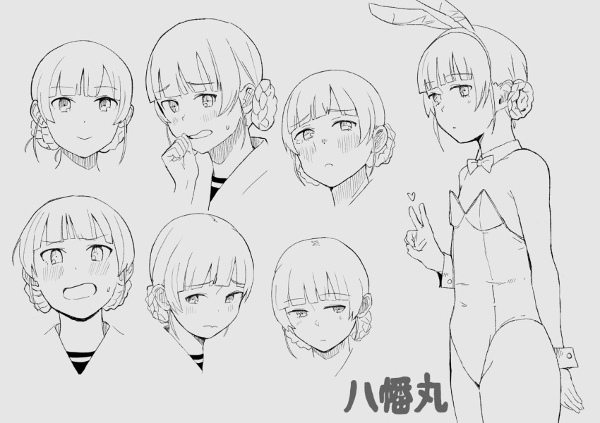 1girl alternate_costume animal_ears bangs banned_artist blunt_bangs bow bowtie braid character_name cowboy_shot detached_collar double_bun expressions flat_chest greyscale kantai_collection lineart long_hair looking_at_viewer makio_(makiomeigenbot) monochrome multiple_views playboy_bunny rabbit_ears twin_braids upper_body v wrist_cuffs yawata_maru_(kancolle)