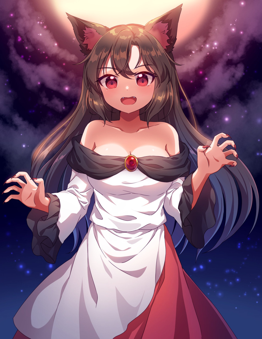 1girl absurdres animal_ears breasts brooch brown_hair caramell0501 collarbone dress eyebrows_visible_through_hair fang highres imaizumi_kagerou jewelry long_hair long_sleeves looking_at_viewer off-shoulder_dress off_shoulder open_mouth red_eyes solo tail touhou white_dress wide_sleeves wolf_ears wolf_tail