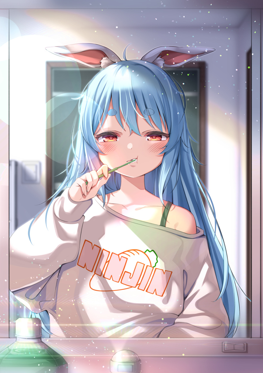 1girl absurdres ahoge animal_ear_fluff animal_ears bangs blue_hair blush bra_strap brushing_teeth clothes_writing commentary_request eyebrows_visible_through_hair highres holding holding_toothbrush hololive indoors joniwi light_particles long_hair long_sleeves looking_at_mirror mirror off_shoulder rabbit_ears red_eyes shirt short_eyebrows solo thick_eyebrows toothbrush usada_pekora virtual_youtuber white_shirt
