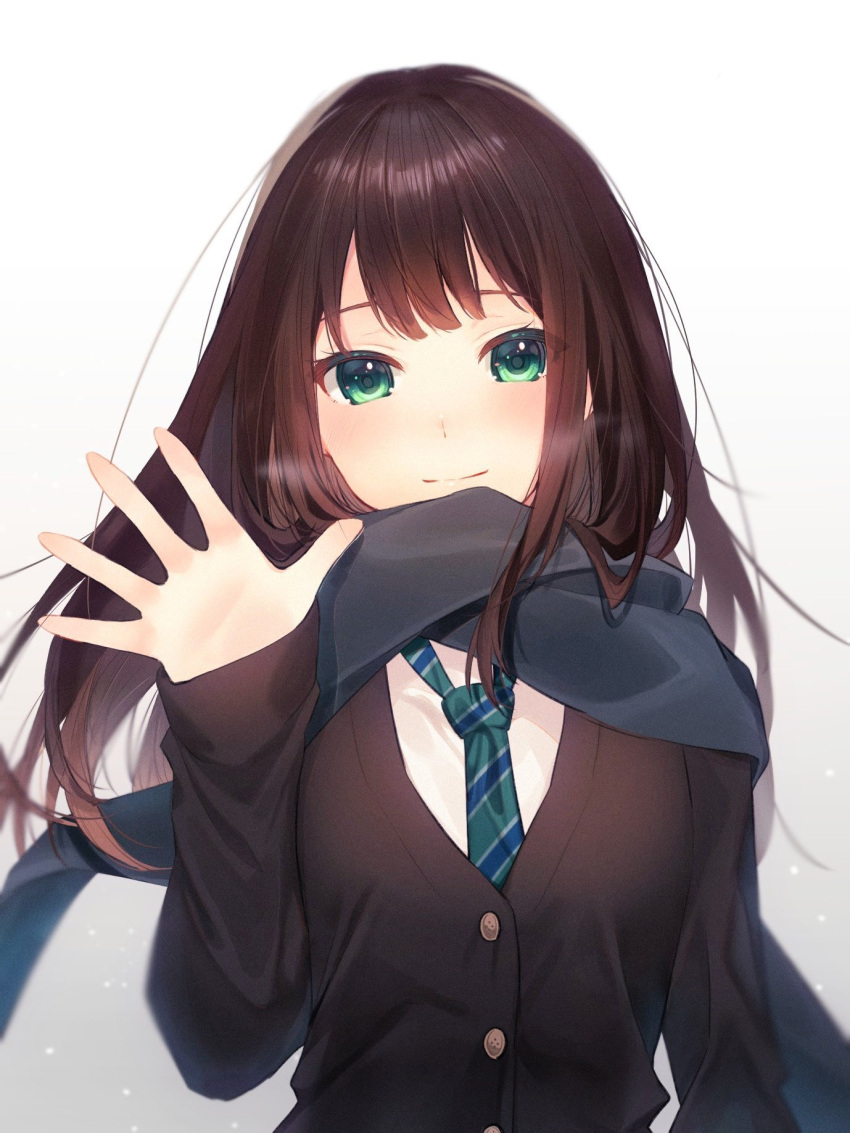 1girl bangs black_cardigan brown_hair cardigan closed_mouth floating_hair green_eyes green_necktie grey_scarf highres idolmaster idolmaster_cinderella_girls long_hair long_sleeves looking_at_viewer machi_futo necktie outstretched_hand scarf shibuya_rin shiny shiny_hair sleeves_past_wrists smile solo straight_hair striped_necktie white_background