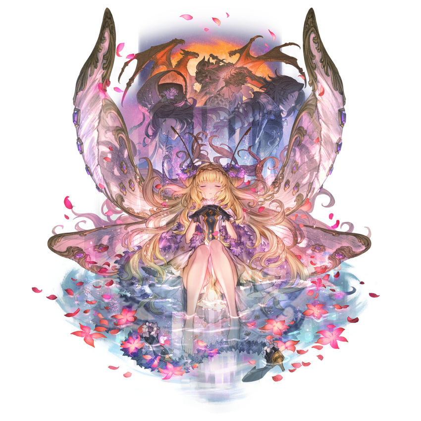 2girls 3girls antennae arthropod_girl bangs bare_shoulders black_gloves blonde_hair blush breasts bug butterfly butterfly_wings cape closed_eyes double_bun dress eyebrows_visible_through_hair floating_hair flower full_body fur_trim gloves granblue_fantasy hair_flower hair_ornament high_heels isabella_(granblue_fantasy) lancelot_(granblue_fantasy) long_hair multiple_girls official_art on_water parted_lips shoes shoes_removed siegfried_(granblue_fantasy) sitting small_breasts solo_focus sylph_(granblue_fantasy) vane_(granblue_fantasy) violet_eyes wings