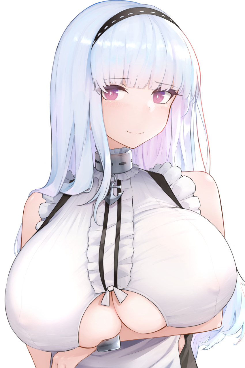 1girl absurdres anchor_symbol arm_under_breasts azur_lane bare_shoulders blue_hair breasts center_frills clothing_cutout collar covered_nipples dido_(azur_lane) eyebrows_visible_through_hair frills hageteruyo highres huge_breasts long_hair looking_at_viewer metal_collar shirt simple_background sleeveless sleeveless_shirt solo under_boob underboob_cutout violet_eyes white_background white_shirt