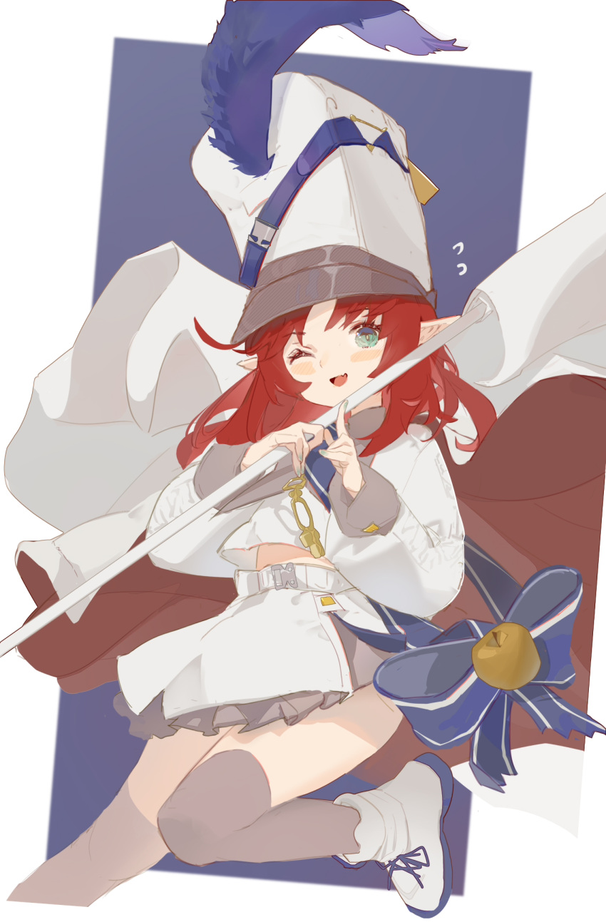 1girl arknights atianshi bell blue_bow blush_stickers boots bow brown_legwear commentary_request fang flag flower flying_sweatdrops green_eyes hat highres holding holding_flower jacket long_hair long_sleeves looking_at_viewer myrtle_(arknights) myrtle_(light_gold_celebration)_(arknights) official_alternate_costume one_eye_closed open_mouth pointy_ears purple_background redhead shako_cap skin_fang skirt smile solo thigh-highs white_background white_flag white_footwear white_headwear white_jacket white_skirt