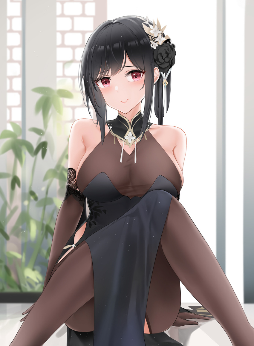 1girl azur_lane bare_shoulders black_dress black_flower black_rose bodystocking breasts brown_gloves chen_hai_(azur_lane) chen_hai_(vestibule_of_wonders)_(azur_lane) china_dress chinese_clothes dress elbow_gloves eyebrows_visible_through_hair feet_out_of_frame flower gloves highres lace-trimmed_gloves lace_trim large_breasts long_hair looking_at_viewer official_alternate_costume pelvic_curtain qing_wu rose sitting solo taut_clothes taut_dress violet_eyes
