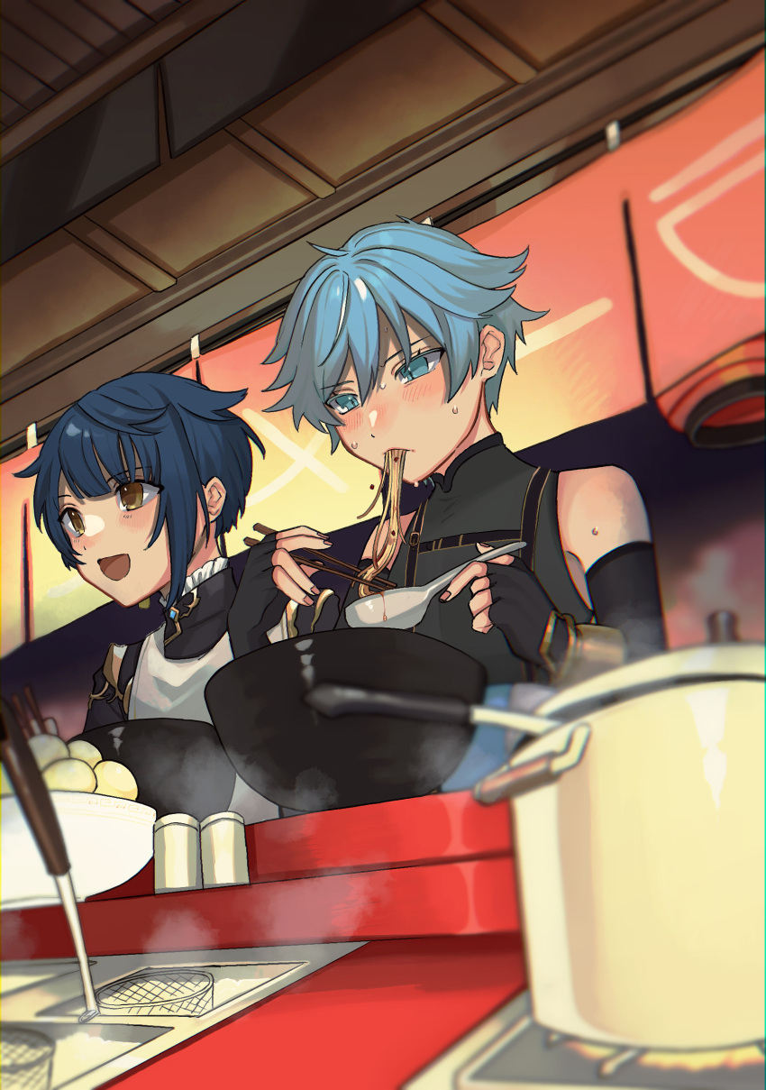 2boys absurdres blue_eyes blue_hair chinese_clothes chongyun_(genshin_impact) commentary_request eating food genshin_impact gloves hair_between_eyes highres holding indoors long_sleeves male_focus multiple_boys nakura_hakuto noodles open_mouth restaurant short_hair smile xingqiu_(genshin_impact)
