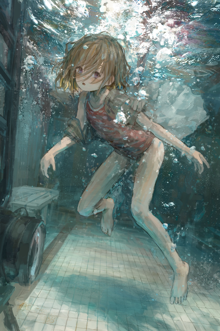 1girl absurdres air_bubble barefoot blonde_hair bubble highres looking_at_viewer original shion_(mirudakemann) short_hair sleeveless solo swimming swimsuit underwater violet_eyes water