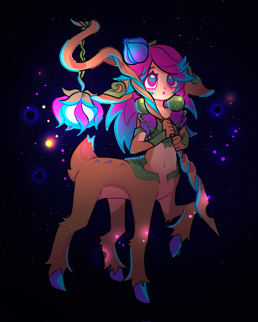 1girl :o animal_ears bangs black_background blue_background blue_flower flower full_body hair_flower hair_ornament highres holding holding_staff league_of_legends leummeul lillia_(league_of_legends) long_hair looking_at_viewer multicolored_hair navel open_mouth smile staff taur two-tone_hair
