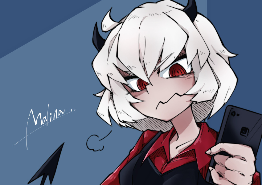 1girl absurdres annoyed aya_rato black_horns black_vest blue_background breasts cellphone character_name commentary_request demon_girl demon_horns helltaker highres horns malina_(helltaker) phone red_eyes red_shirt shirt sleeves_rolled_up smartphone tail upper_body vest wavy_mouth