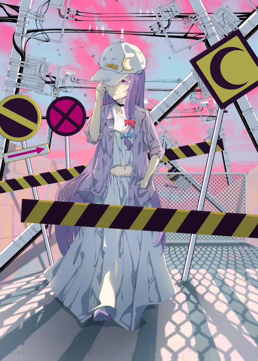 1girl baseball_cap bow breasts casual chain-link_fence closed_mouth crescent crescent_hat_ornament crosswalk fence hair_bow hat hat_ornament hat_over_one_eye high_heels highres jacket long_hair long_skirt low_tied_hair midriff navel patchouli_knowledge power_lines purple_hair purple_jacket road_sign rotarran shirt sign skirt small_breasts solo straight_hair touhou very_long_hair violet_eyes white_shirt white_skirt