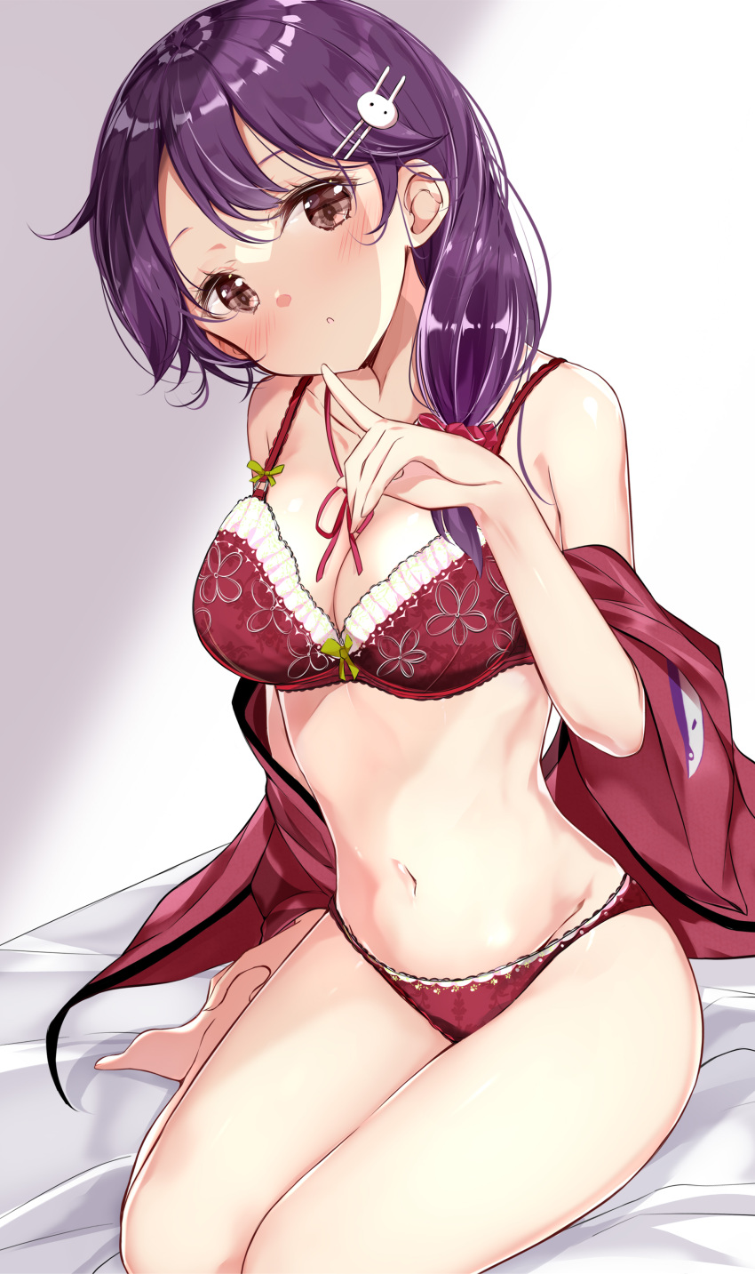 1girl absurdres ahoge bangs black_hair blush bow bra breasts brown_eyes finger_to_mouth hair_bow hair_over_shoulder hamaken._(novelize) head_tilt highres holding_own_foot indoors kantai_collection large_breasts long_hair navel off_shoulder on_bed panties purple_bra purple_hair purple_panties red_bow redrawn sidelocks sitting solo stomach thighs underwear ushio_(kancolle) yokozuwari