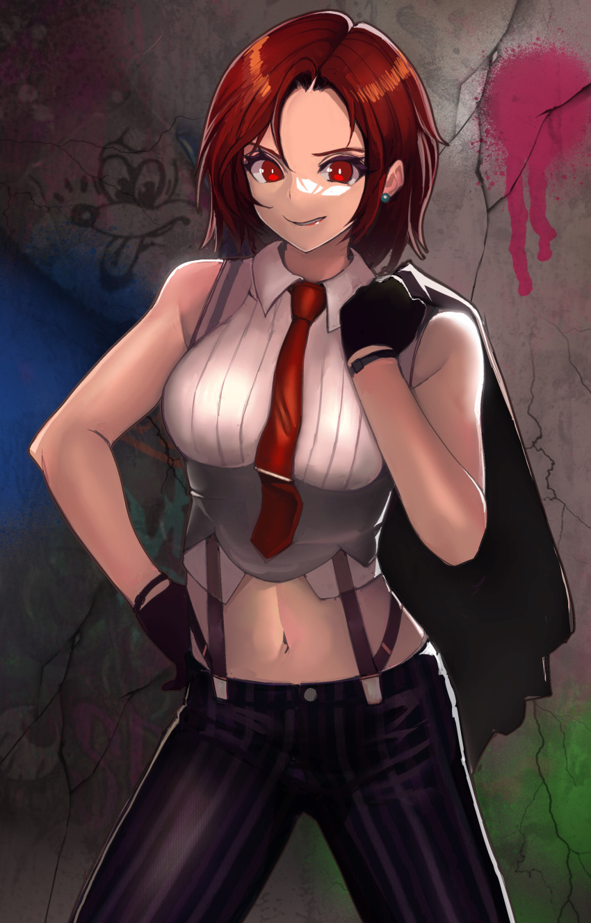 1girl absurdres breasts earrings gloves highres jewelry lipstick looking_at_viewer makeup medium_breasts midriff navel necktie pants parted_lips red_eyes redhead rokuba short_hair sleeveless smile solo striped striped_pants suspenders the_king_of_fighters vanessa_(kof)