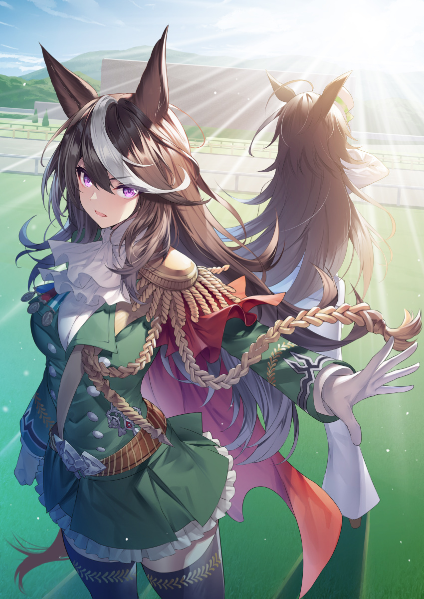 2girls absurdres ahoge aiguillette animal_ears ascot bell-bottoms black_legwear brown_hair cape epaulettes from_behind gloves gold_trim grass hat heirou highres horse_ears horse_girl horse_tail long_hair long_sleeves mini_hat mr._c.b._(umamusume) multicolored_hair multiple_girls open_mouth outdoors outstretched_arm pants red_cape shadow single_epaulette standing streaked_hair sun sunlight symboli_rudolf_(umamusume) tail thigh-highs two-tone_hair umamusume violet_eyes white_gloves white_hair white_pants zettai_ryouiki