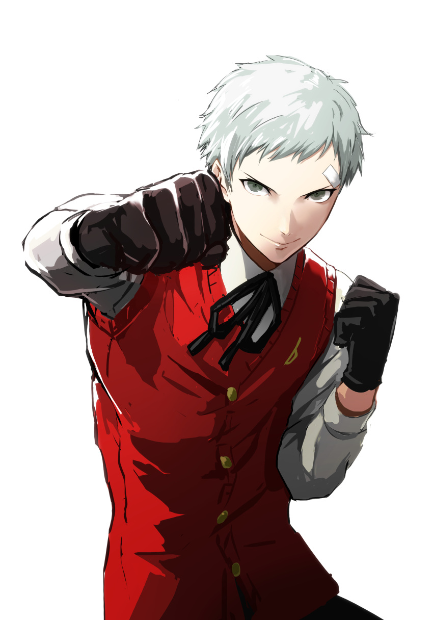 1boy absurdres bandaid bandaid_on_face black_gloves black_ribbon cardigan closed_mouth gloves grey_eyes highres igusaharu long_sleeves looking_at_viewer male_focus neck_ribbon persona persona_3 red_cardigan ribbon sanada_akihiko shirt short_hair silver_hair simple_background solo upper_body white_background white_shirt