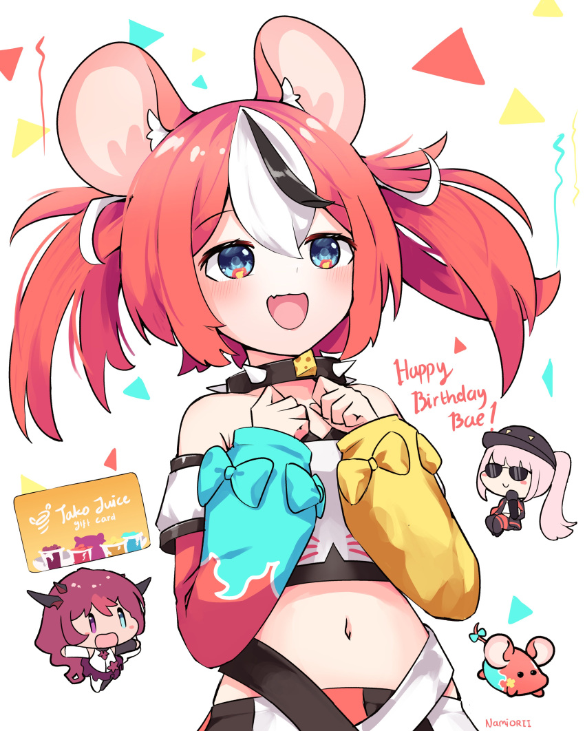 3girls :d absurdres animal_ear_fluff animal_ears artist_name bare_shoulders black_hair blue_eyes chibi collar commentary english_commentary eyebrows_visible_through_hair hakos_baelz happy_birthday highres hololive hololive_english horns irys_(hololive) midriff mori_calliope mouse_ears mr._squeaks_(hakos_baelz) multicolored_hair multiple_girls namii_(namialus_m) navel open_mouth redhead simple_background smile solo_focus spiked_collar spikes streaked_hair sunglasses twintails virtual_youtuber white_background white_hair