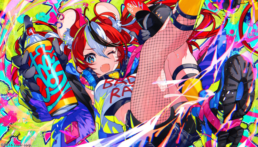 1girl ahoge animal_ear_fluff animal_ears asymmetrical_legwear bangs baseball_cap black_gloves black_hair blue_eyes collar company_name crop_top eyebrows_visible_through_hair fang fishnets gloves hair_between_eyes hakos_baelz hat headphones headphones_around_neck highres holding hololive hololive_english jacket long_hair looking_at_viewer midriff mika_pikazo mouse_ears mouse_girl mouse_tail multicolored_background multicolored_hair one_eye_closed open_mouth purple_jacket redhead ribbon shirt shoes smile sneakers solo spray_can tail tail_ornament tail_ribbon thumbs_up twintails virtual_youtuber watermark white_hair white_shirt