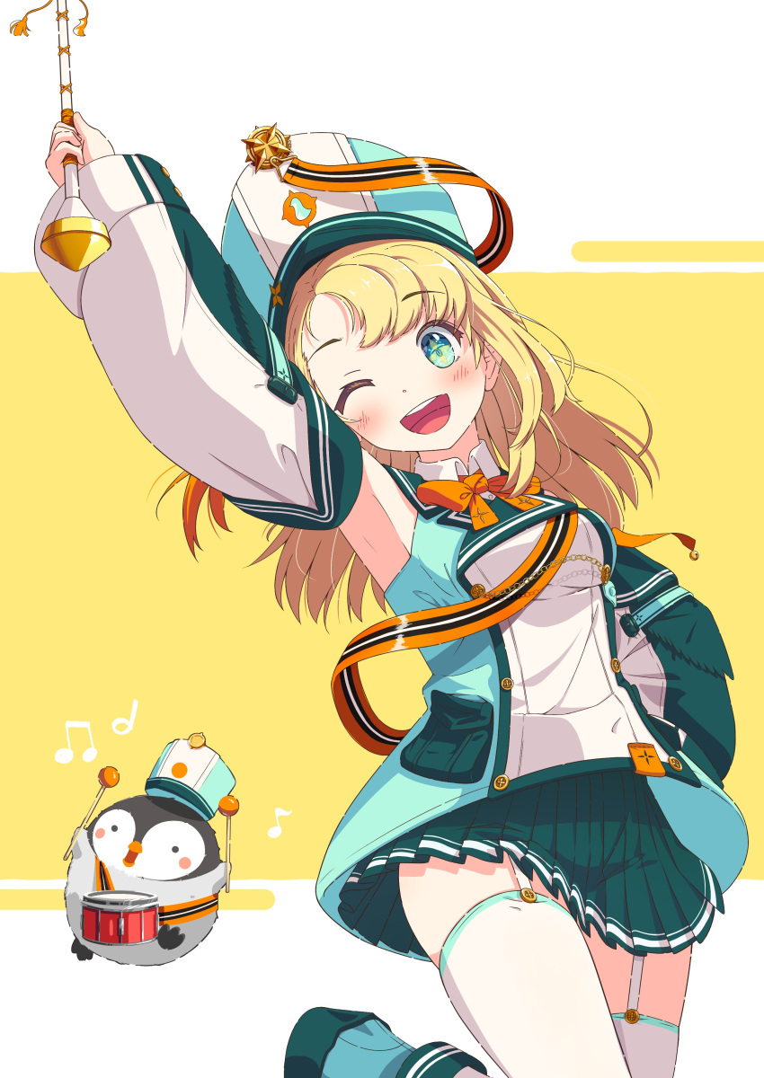 1girl absurdres arm_up band_uniform bird blonde_hair detached_sleeves drum fukurou_(hukurou) garter_straps green_eyes hat highres instrument majorette marching_band marching_band_baton multicolored_hair one_eye_closed one_side_up orange_hair pengin_pina penguin penguin_girl pleated_skirt prism_project sailor_collar sash shako_cap skirt solo thigh-highs two-tone_hair virtual_youtuber